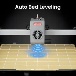 Tête d’impression Longer avec ventilation et capteur de nivellement automatique au-dessus d’un plateau quadrillé doré, guidage linéaire stable et