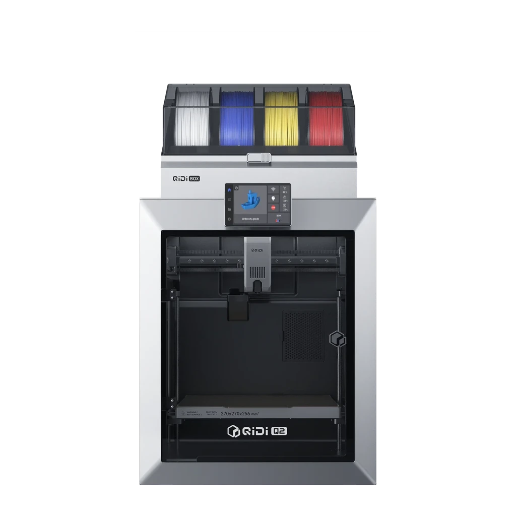 Impresora 3D Qidi Q2 FDM CoreXY, chasis metálico plateado, cámara cerrada con ventana frontal, pantalla táctil superior y modelo de casa impreso multicolor - Ítem3