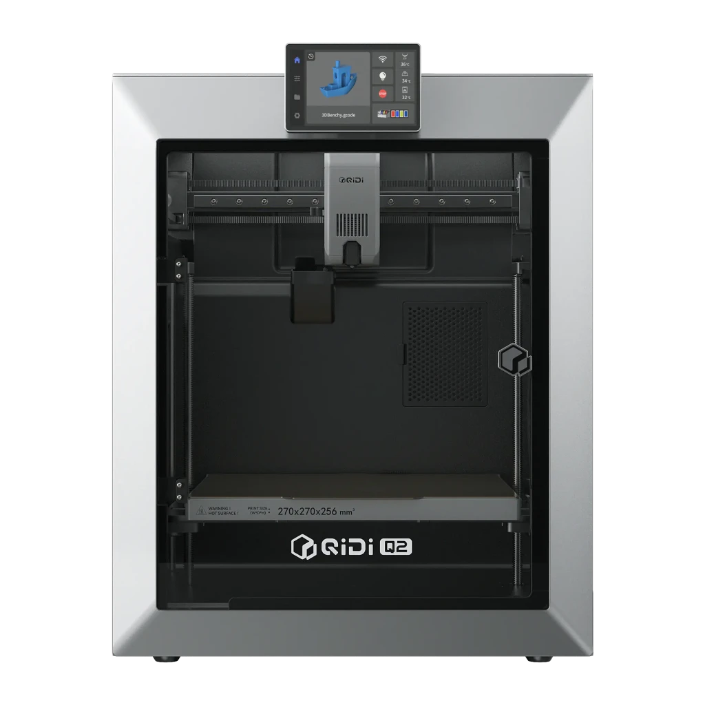 Impresora 3D Qidi Q2 FDM CoreXY, chasis metálico plateado, cámara cerrada con ventana frontal, pantalla táctil superior y modelo de casa impreso multicolor - Ítem1
