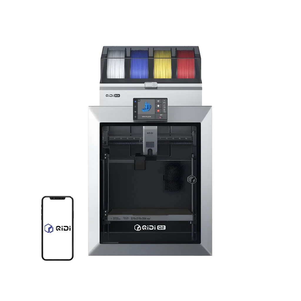 Impresora 3D Qidi Q2 FDM CoreXY, chasis metálico plateado, cámara cerrada con ventana frontal, pantalla táctil superior y modelo de casa impreso multicolor - Ítem2