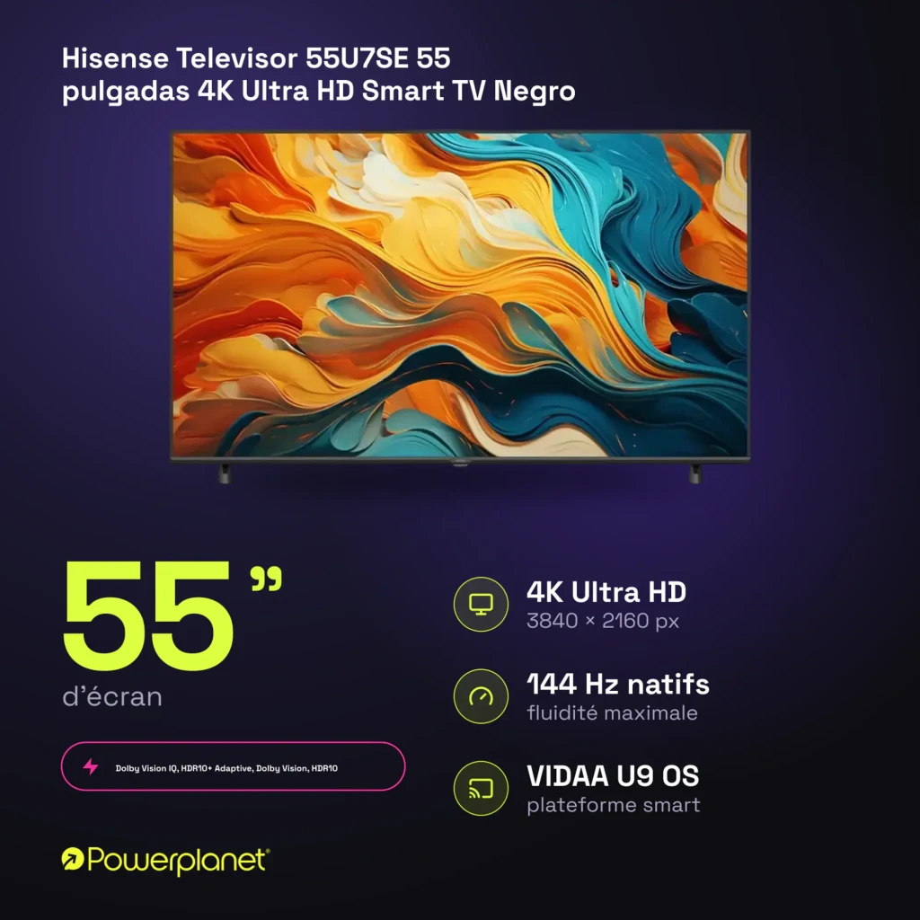 Televisor Hisense 55U7SE 55 polegadas com painel Mini LED ULED, 4K, taxa nativa 144Hz, modo gamer e subwoofer integrado; design fino com moldura estreita - Item7
