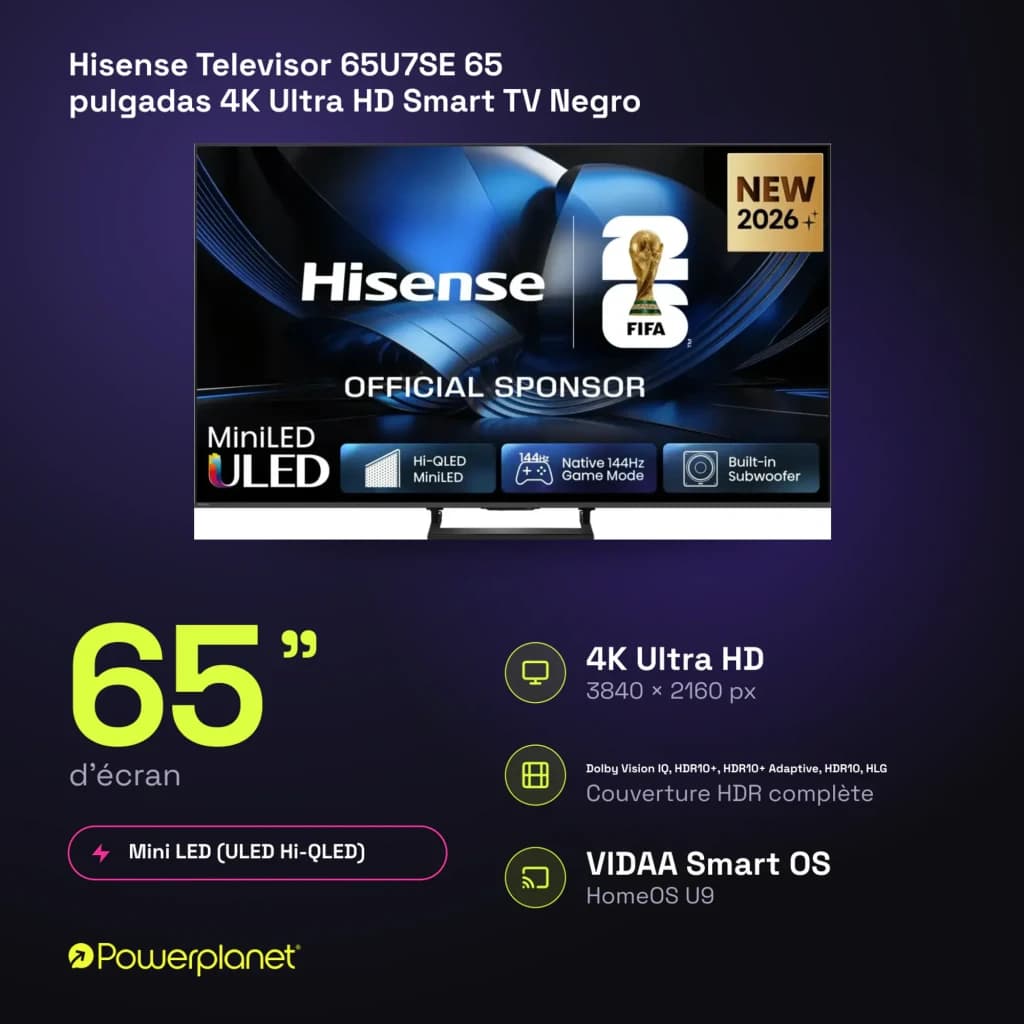 Televisor Hisense 65U7SE 65 pulgadas con panel Mini LED 4K, 144Hz, HDR, biseles delgados, peana central y sistema Smart VIDAA U9
