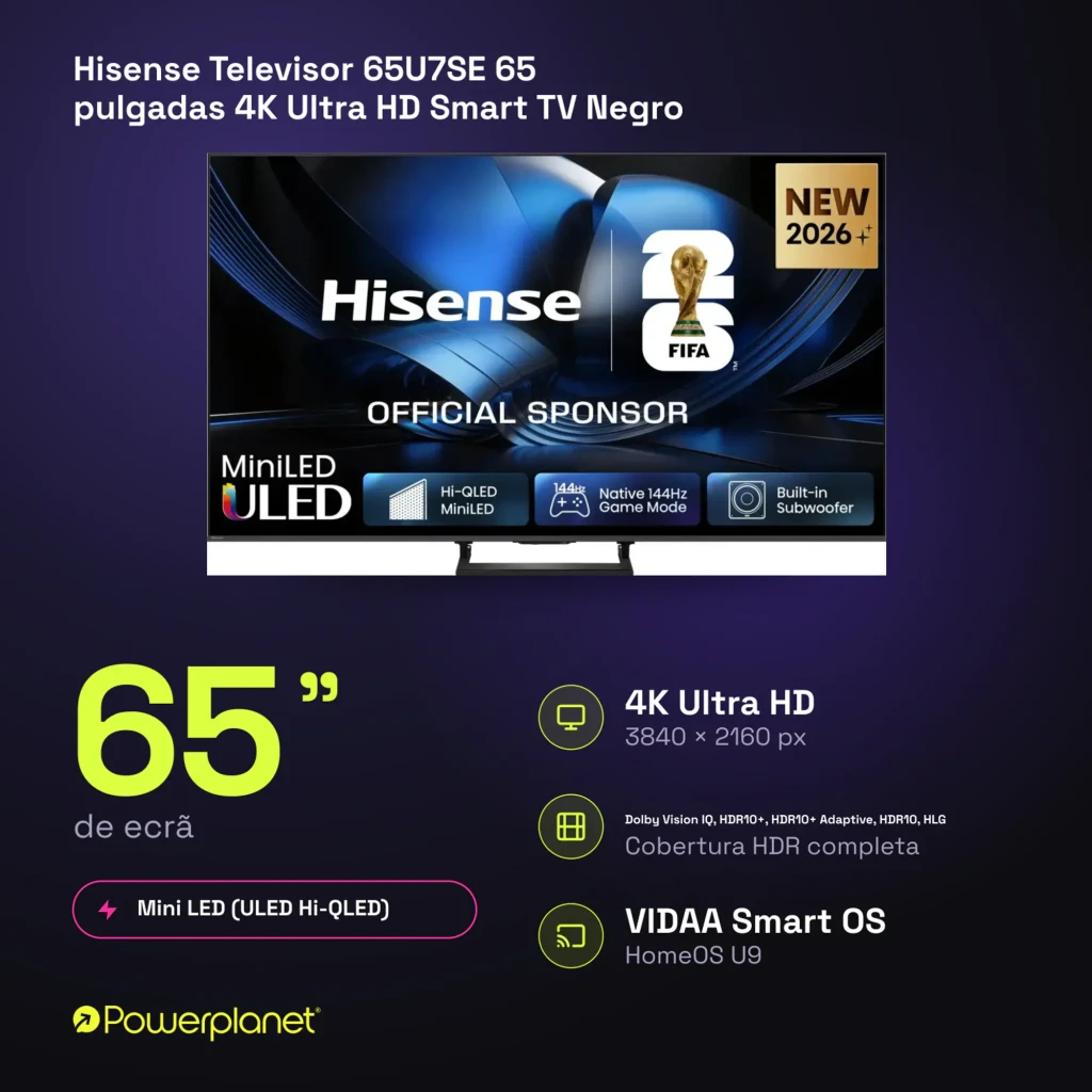 Televisor Hisense 65U7SE 65 polegadas com painel Mini LED ULED, 4K, taxa nativa 144Hz, modo gamer e subwoofer integrado; design fino com moldura estreita - Item8