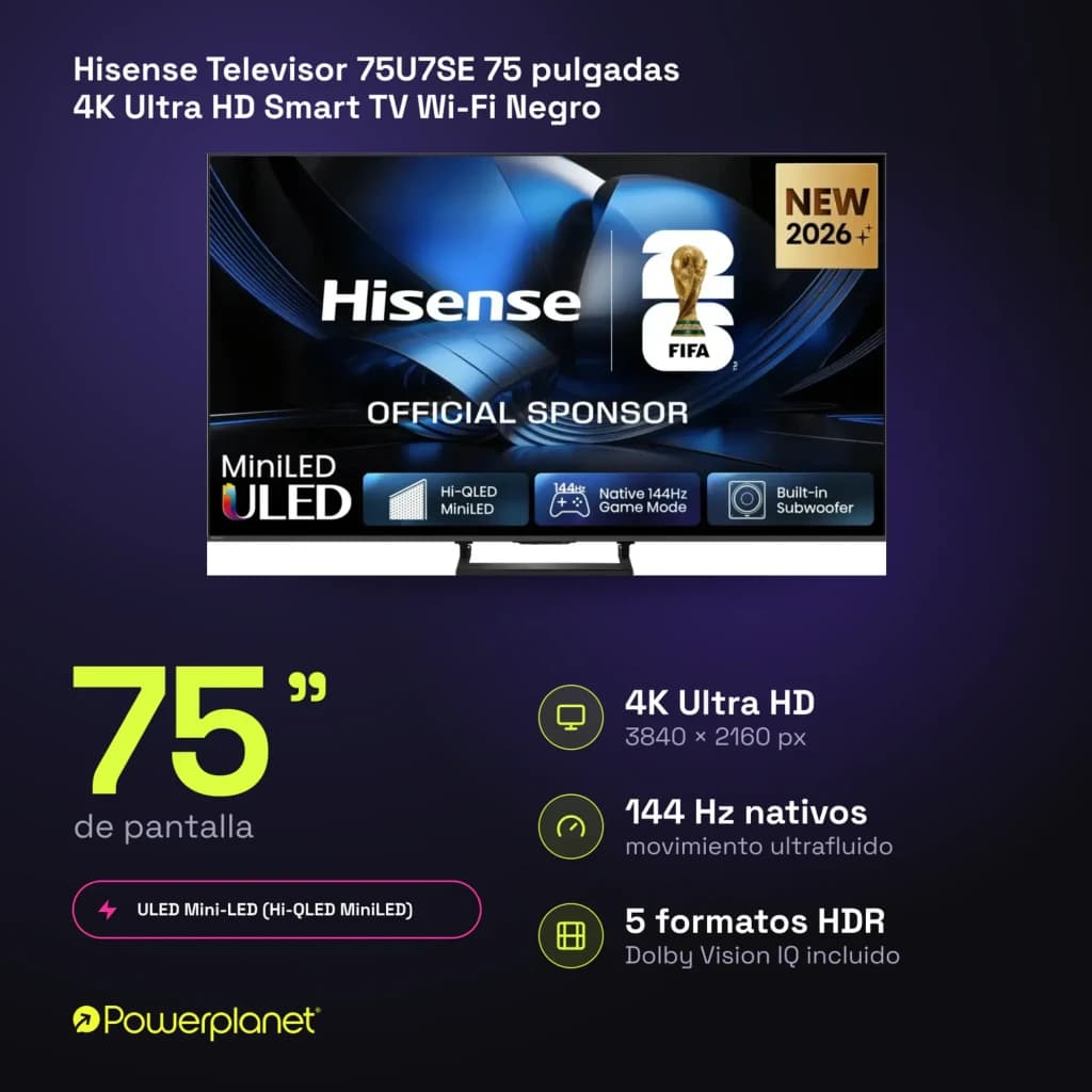 Televisor Hisense 75U7SE 75 pulgadas con pantalla Mini LED 4K, 144Hz, biseles delgados, peana central metálica y sistema smart VIDAA U9