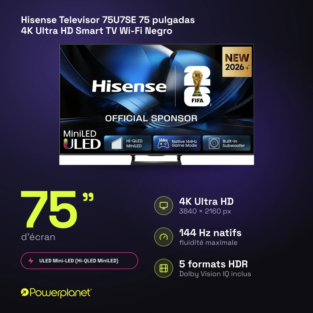 Televisor Hisense 75U7SE 75 polegadas com painel Mini LED ULED, 4K, taxa nativa 144Hz, modo gamer e subwoofer integrado; design fino com moldura estreita - Item6