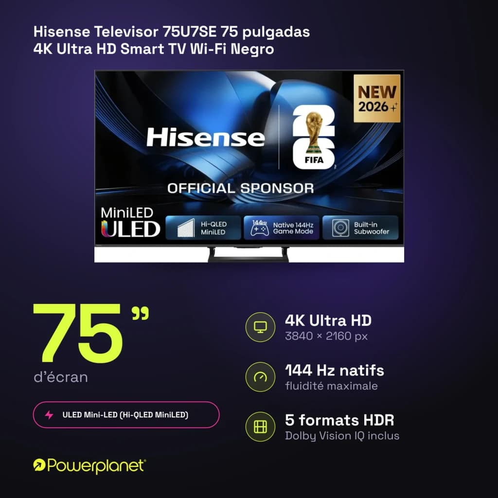 Televisor Hisense 75U7SE 75 pulgadas Mini LED 4K con 144 Hz, marcos finos, peana central metálica y soporte HDR, interfaz VIDAA U9 intuitiva