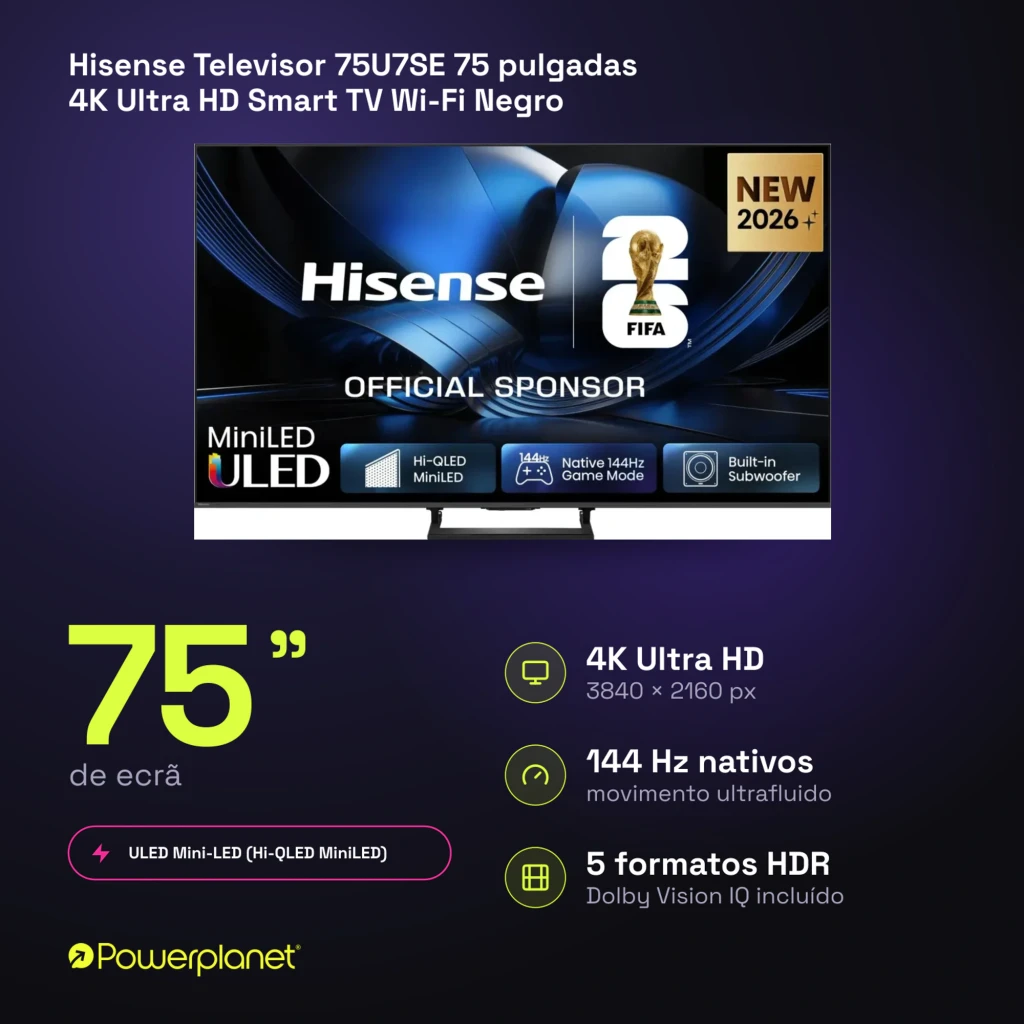 Televisor Hisense 75U7SE 75 polegadas com painel Mini LED ULED, 4K, taxa nativa 144Hz, modo gamer e subwoofer integrado; design fino com moldura estreita - Item8