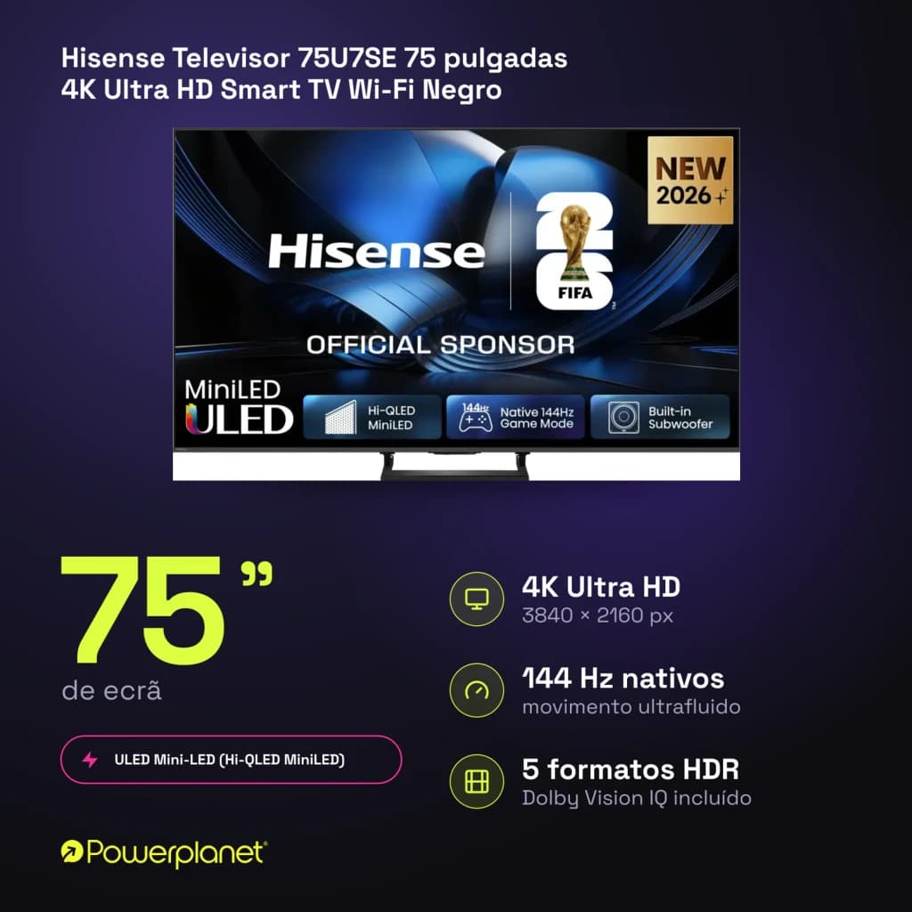 Televisor Hisense 75U7SE 75 pulgadas con panel Mini LED 4K, 144Hz, bordes delgados, peana central metálica y pantalla de alto contraste con HDR múltiples