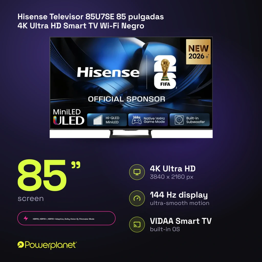 Televisor Hisense 85U7SE 85 polegadas com painel Mini LED ULED, 4K, taxa nativa 144Hz, modo gamer e subwoofer integrado; design fino com moldura estreita - Item8