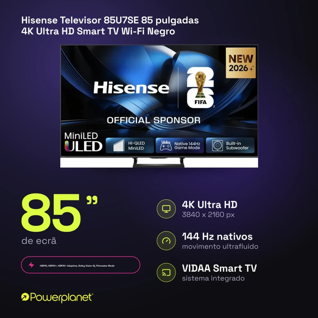 Televisor Hisense 85U7SE 85 pulgadas con panel Mini LED, 4K Ultra HD, 144 Hz nativos, control por voz, Dolby Vision y sistema VIDAA U9 integrados