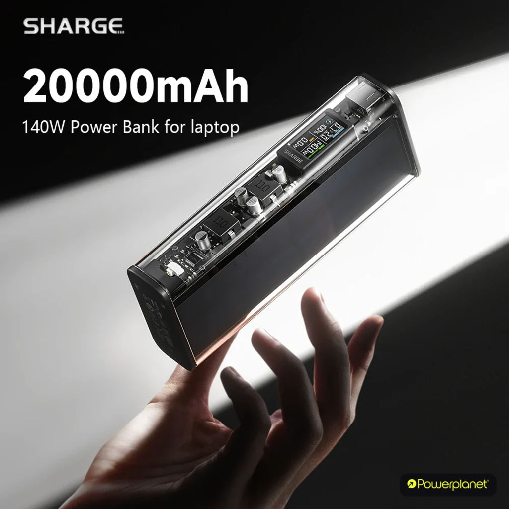 Power bank transparente con carcasa negra, 20000mAh, pantalla LED de estado, puertos USB-C y USB-A, diseño que muestra circuitos internos y componentes - Ítem2