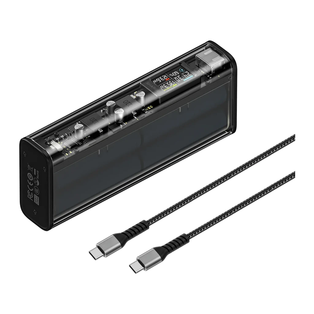 Power bank transparente con carcasa negra, 20000mAh, pantalla LED de estado, puertos USB-C y USB-A, diseño que muestra circuitos internos y componentes - Ítem4