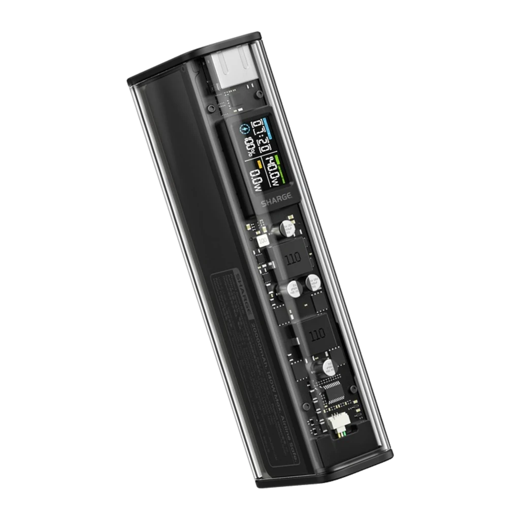 Power bank transparente con carcasa negra, 20000mAh, pantalla LED de estado, puertos USB-C y USB-A, diseño que muestra circuitos internos y componentes - Ítem1
