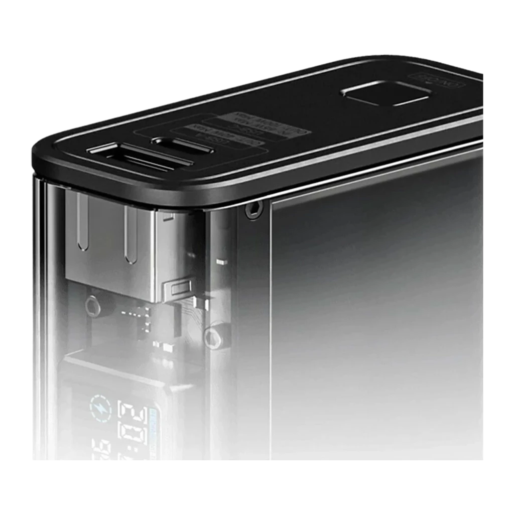 Power bank transparente con carcasa negra, 20000mAh, pantalla LED de estado, puertos USB-C y USB-A, diseño que muestra circuitos internos y componentes - Ítem5
