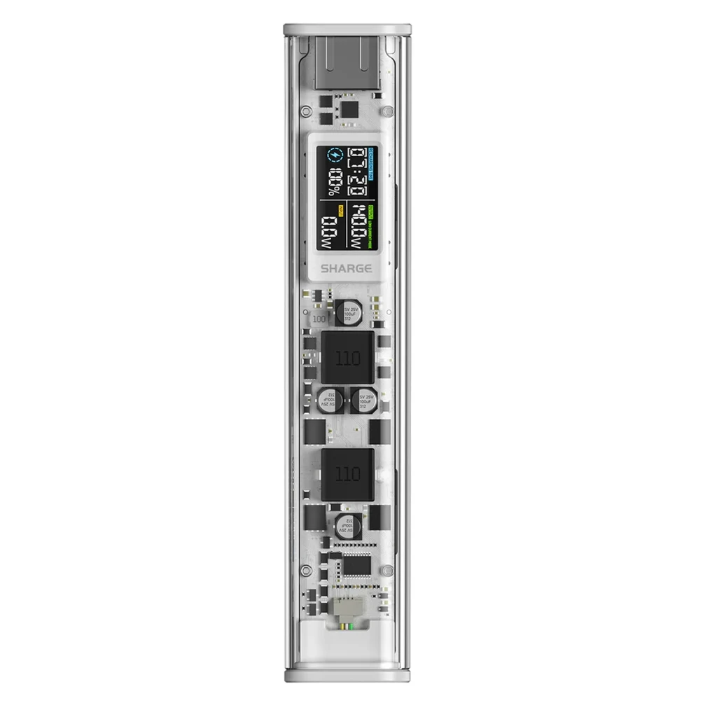 Batterie externe Shargeek 140 argent, boîtier transparent, écran LCD de statut, ports USB C et USB A, design rectangulaire compact et composants visibles - Ítem3