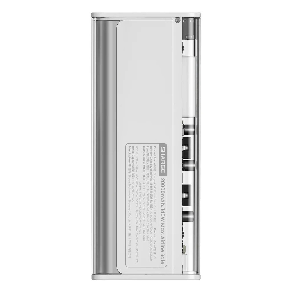Batterie externe Shargeek 140 argent, boîtier transparent, écran LCD de statut, ports USB C et USB A, design rectangulaire compact et composants visibles - Ítem2
