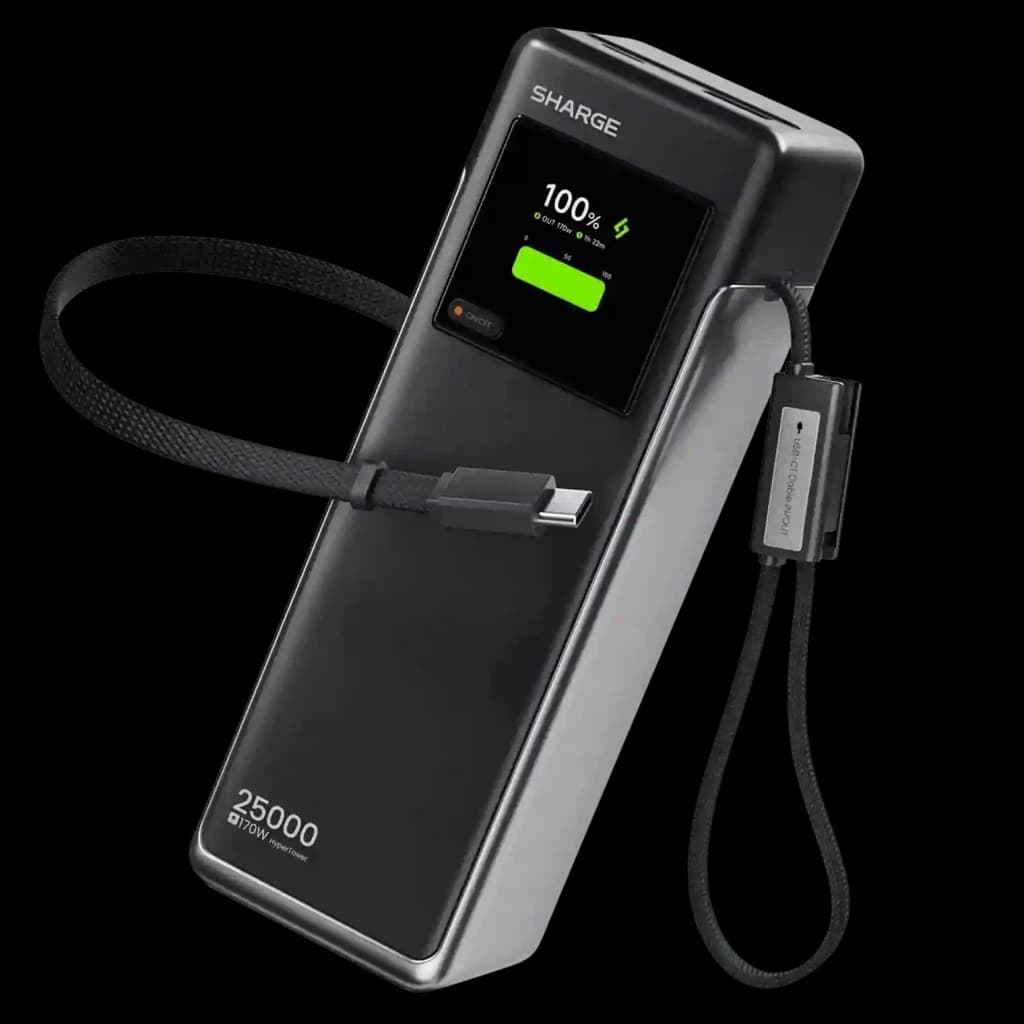 Powerbank SHARGE HyperTower X6 170 W 25000 mAh noir avec écran de charge, boîtier angulaire gris, câbles USB C intégrés et dragonnes tressées