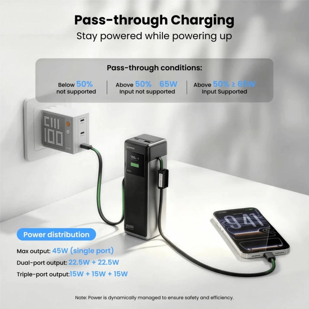Powerbank SHARGE HyperTower X6 negro con pantalla de estado, carcasa mate, capacidad 25000 mAh, salida 170W PD 3.1 y cables integrados trenzados - Ítem1