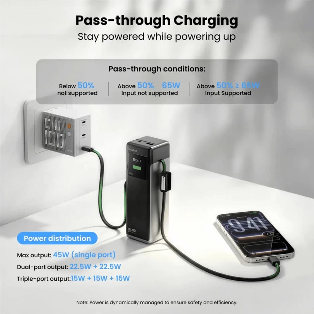 Batterie noire compacte avec écran LED 100 %, ports multiples, câbles tressés intégrés verts, charge passthrough, alimente smartphone et adaptateur mural