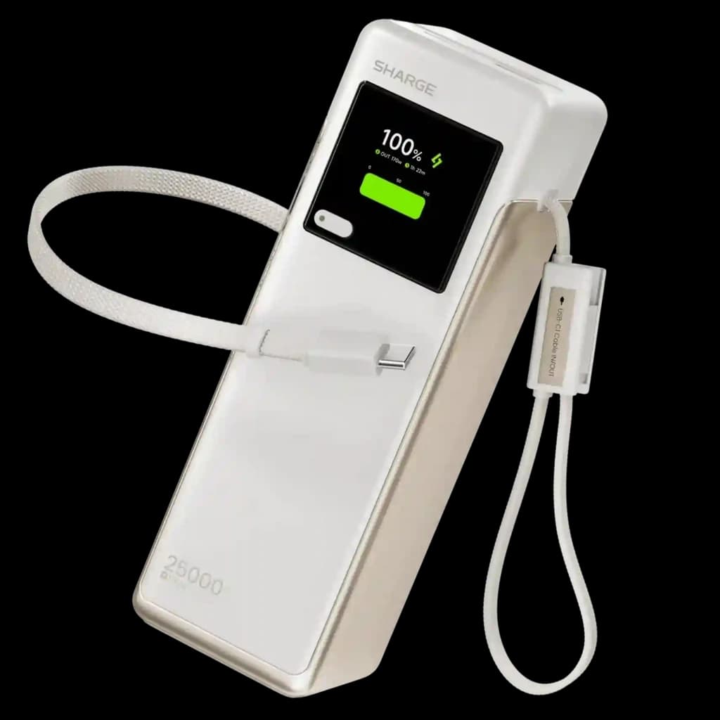 Powerbank SHARGE HyperTower X6 blanc, écran LED charge 100 %, 25000 mAh, 170 W, câbles intégrés USB-C et Lightning, design rectangulaire premium
