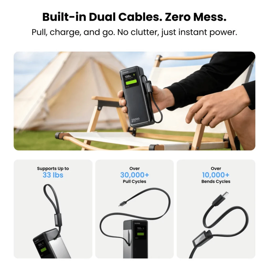 Powerbank SHARGE HyperTower X6 negro con pantalla de estado, carcasa mate, capacidad 25000 mAh, salida 170W PD 3.1 y cables integrados trenzados - Ítem7