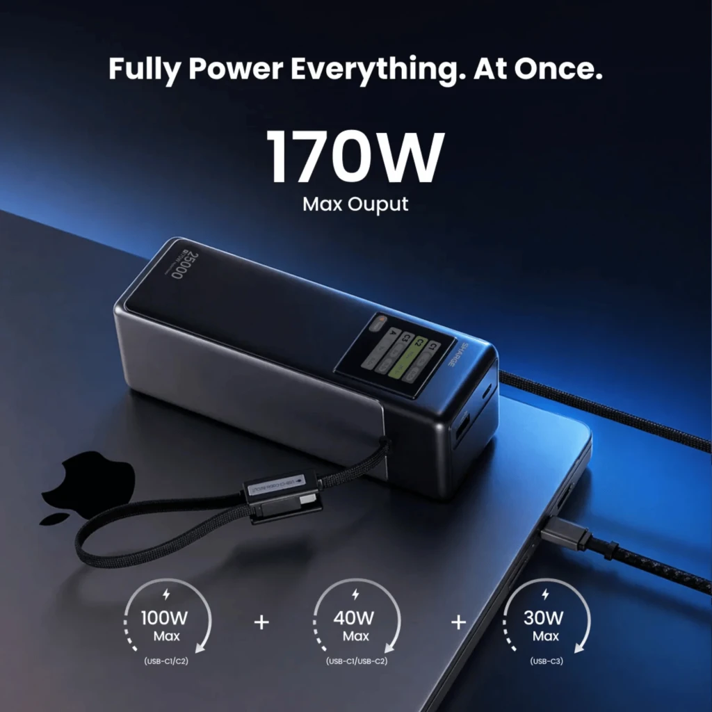 Powerbank SHARGE HyperTower X6 negro con pantalla de estado, carcasa mate, capacidad 25000 mAh, salida 170W PD 3.1 y cables integrados trenzados - Ítem9