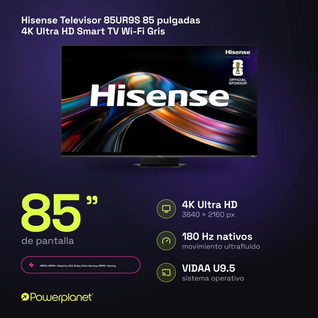 Televisor Hisense 85UR9S 85 pulgadas con pantalla 4K Mini LED, frecuencia 180Hz, panel antirreflejos, audio 4.1.2 y sistema VIDAA U9.5 - Ítem8