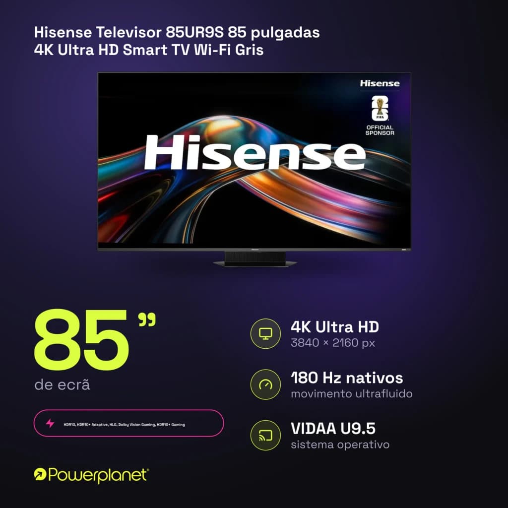 Televisor Hisense 85UR9S 85 pulgadas con pantalla 4K Ultra HD Mini LED, 180 Hz nativos, biseles delgados y sistema VIDAA U9.5 en color gris