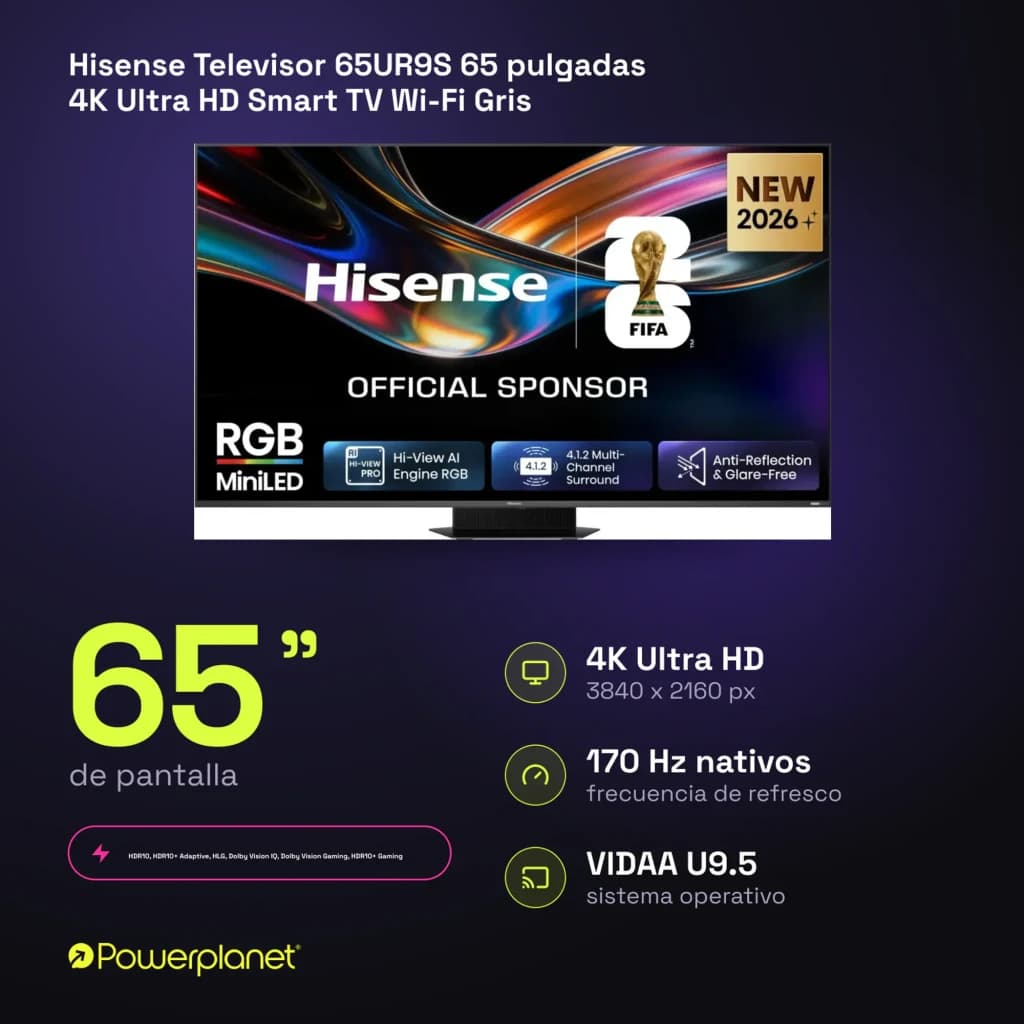 Televisor Hisense 65UR9S 65 pulgadas con panel Mini LED RGB, 4K Ultra HD 3840x2160, 180 Hz, altavoces frontales Dolby Atmos y sistema VIDAA U9.5