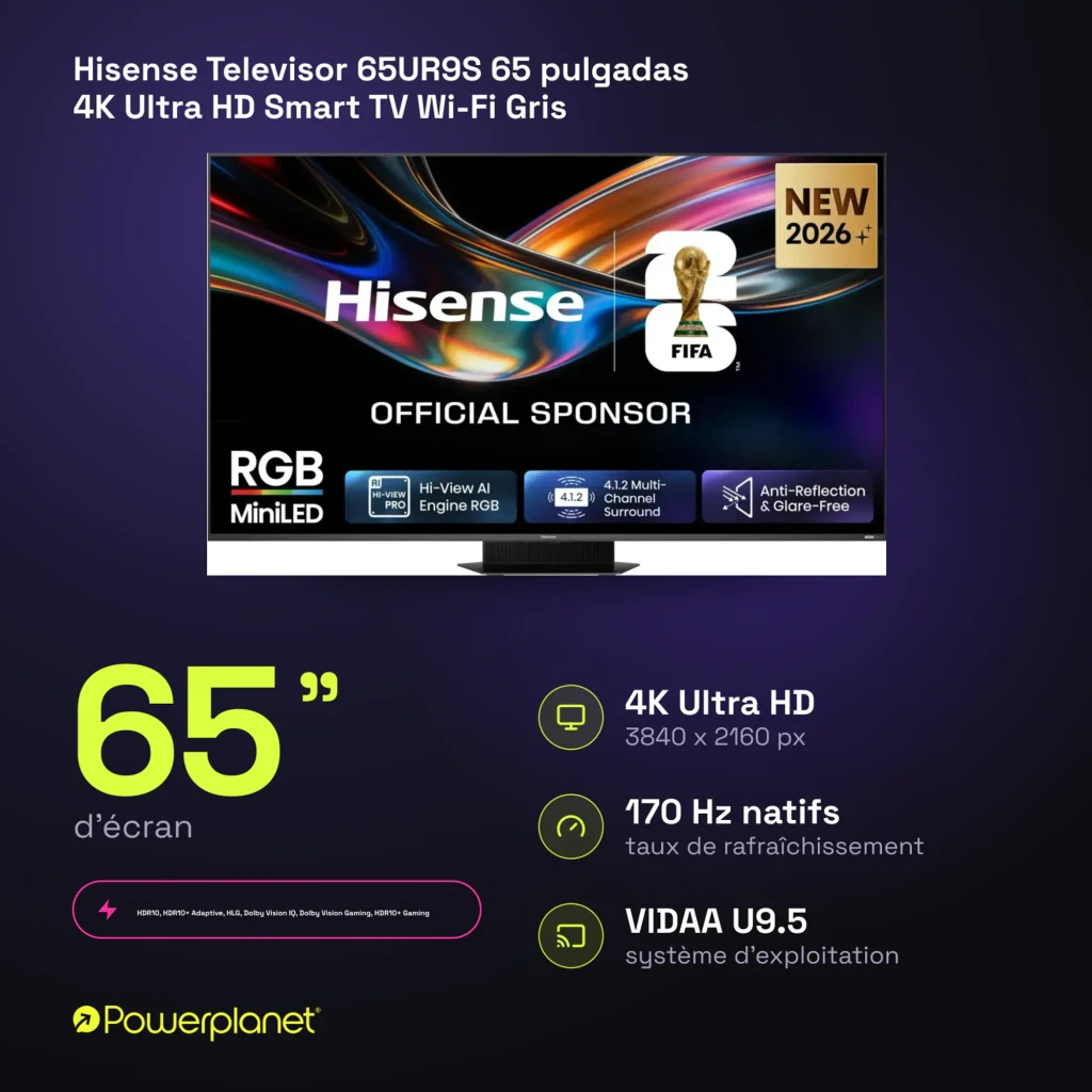 Televisor Hisense 65UR9S 65 pulgadas con pantalla 4K Mini LED, frecuencia 180Hz, panel antirreflejos, audio 4.1.2 y sistema VIDAA U9.5 - Ítem6