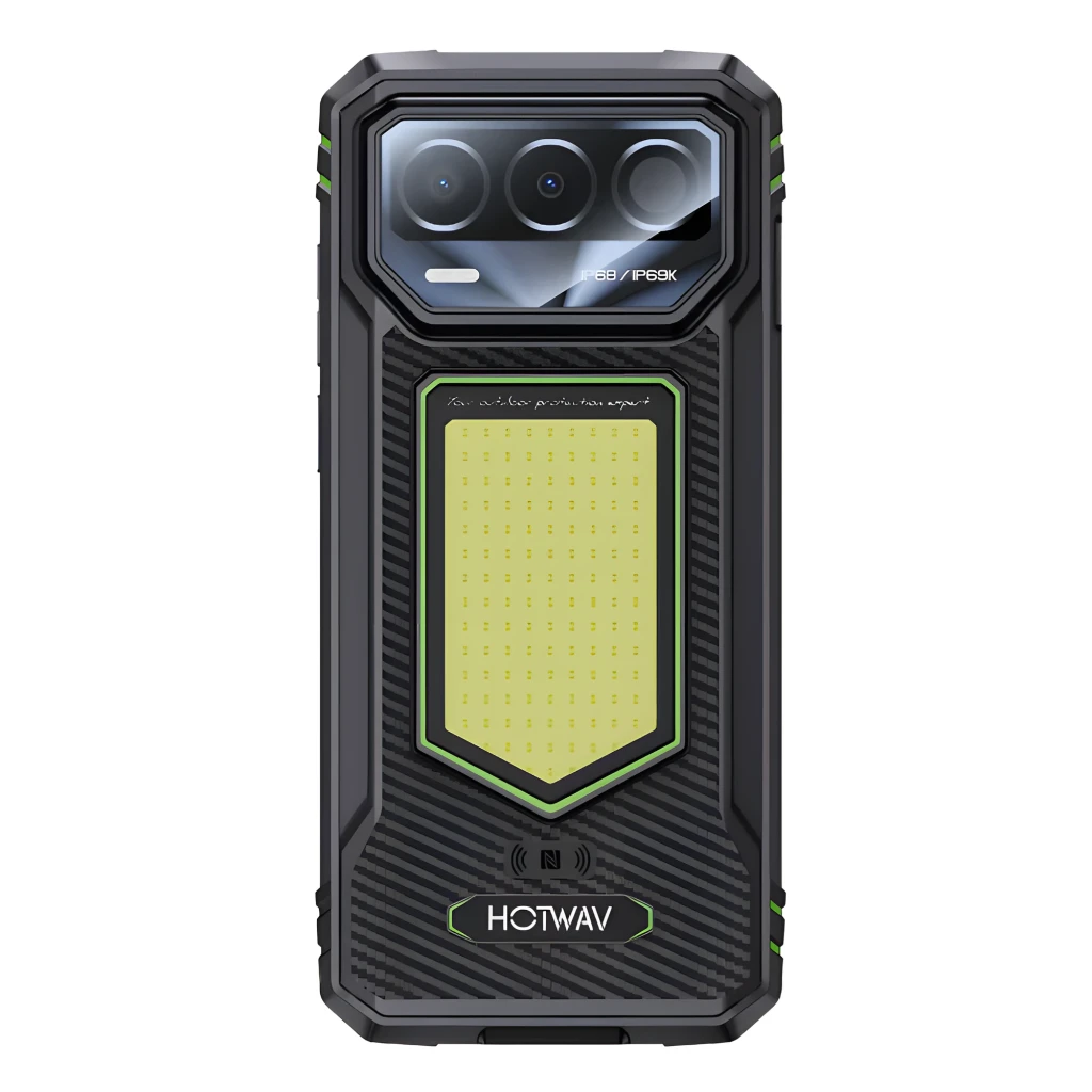 Smartphone rugerizado naranja con pantalla 6,74 IPS 120Hz, módulo de cámaras trasero triple con flash grande, frontal con notch y carcasa texturada - Ítem2