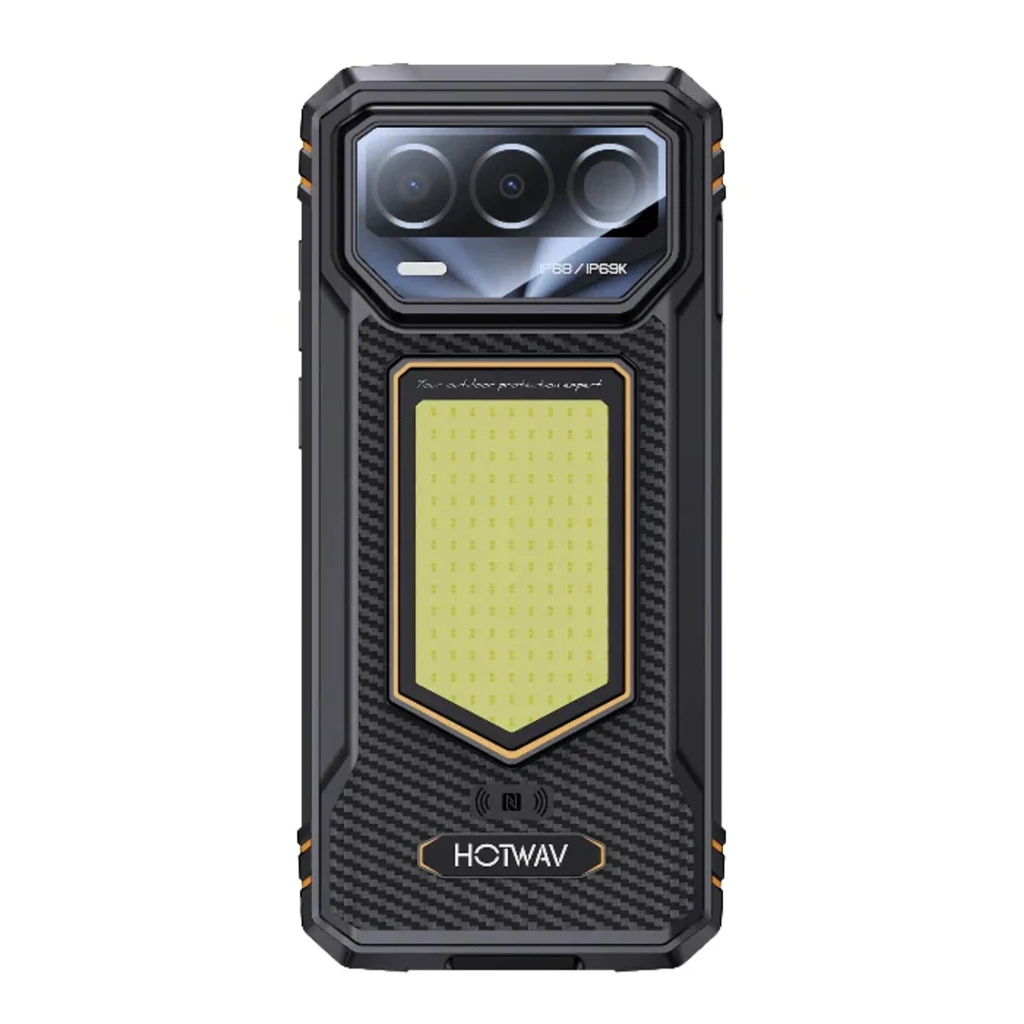 Smartphone rugerizado naranja con pantalla 6,74 IPS 120Hz, módulo de cámaras trasero triple con flash grande, frontal con notch y carcasa texturada - Ítem2