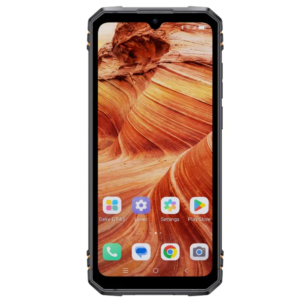 Smartphone rugerizado naranja con pantalla 6,74 IPS 120Hz, módulo de cámaras trasero triple con flash grande, frontal con notch y carcasa texturada - Ítem1