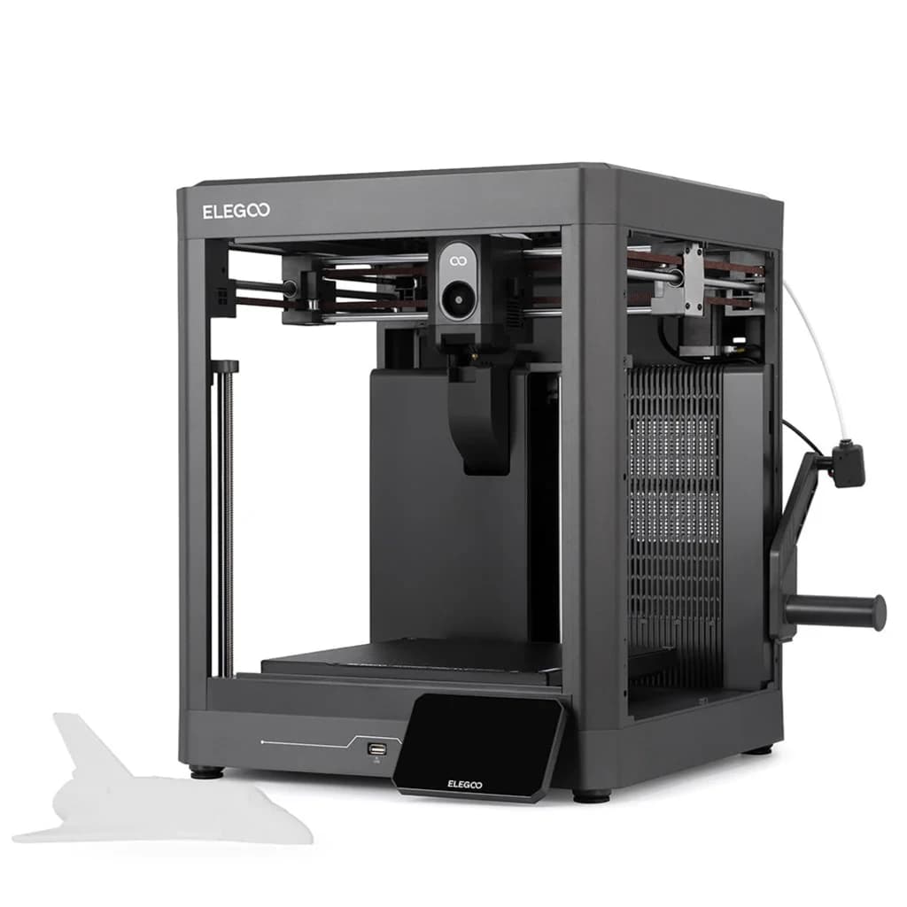 Imprimante 3D Elegoo Centauri 2 compacte, châssis métal noir, tête à 4 couleurs, écran tactile incliné, plateau stable, bobine latérale, câblage soigné