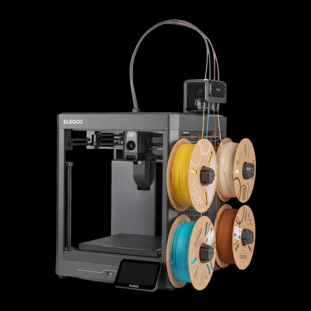 Impresora 3D Elegoo Centauri 2 Combo CANVAS con módulo 4 colores RFID, cuatro bobinas visibles, chasis metálico robusto y pantalla táctil frontal
