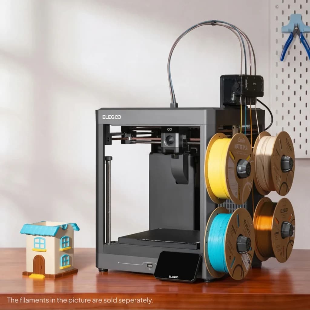 Impresora 3D Elegoo Centauri 2 Combo CANVAS 4 Colores RFID FDM con módulo multicolor, cuatro portabobinas laterales y pantalla táctil en chasis metálico