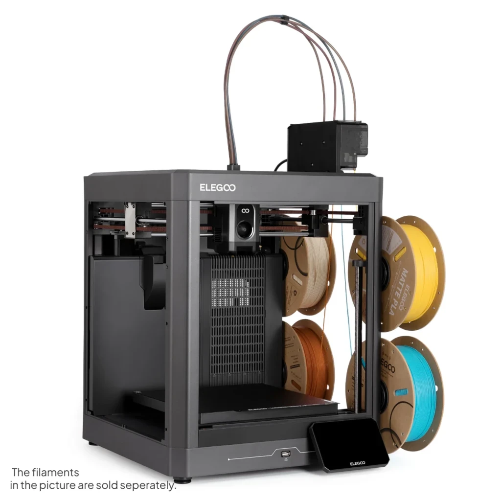 Impresora 3D Elegoo Centauri Carbon 2 Combo CANVAS con módulo 4 colores RFID, cuatro bobinas visibles, chasis metálico robusto y pantalla táctil frontal - Ítem1