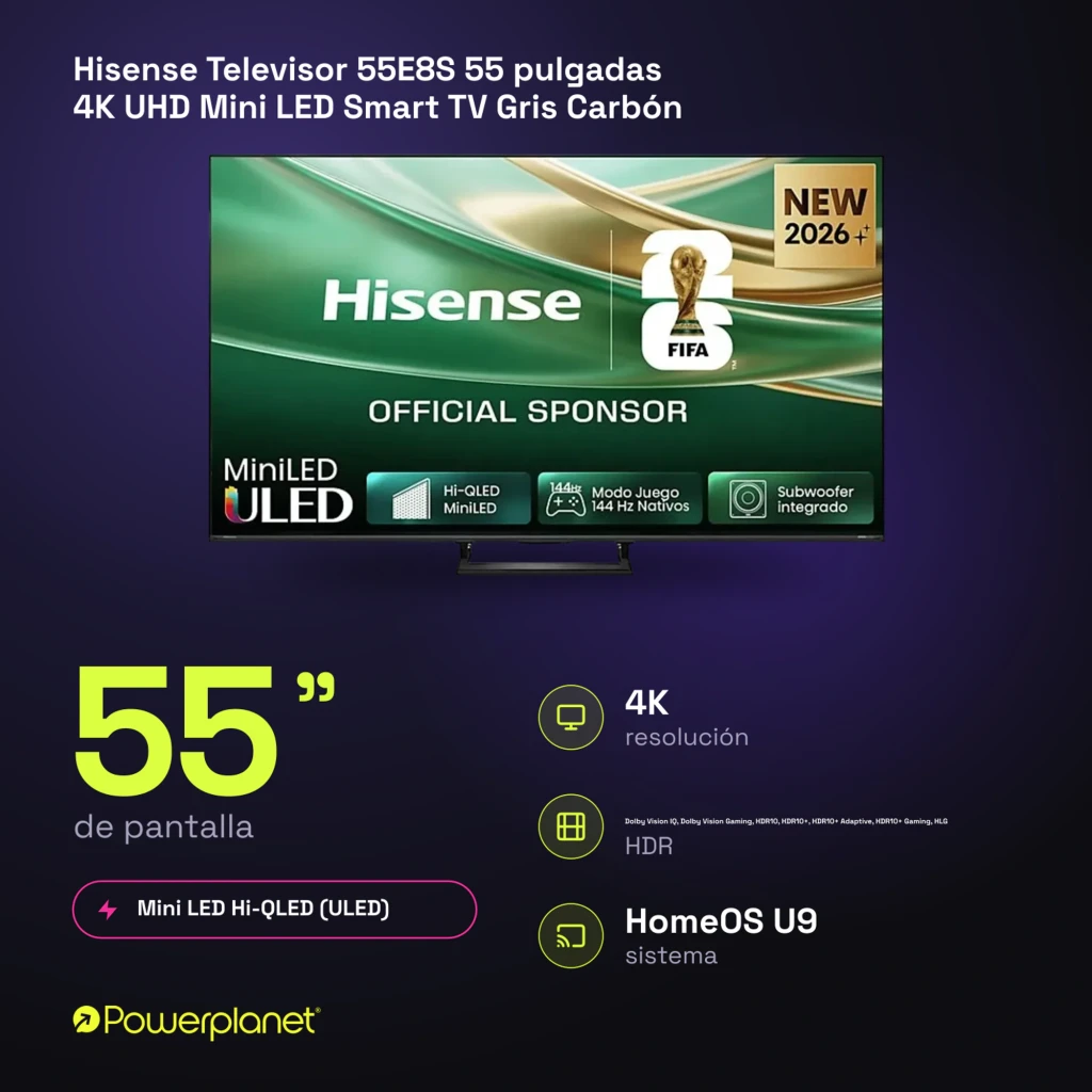 Televisor Hisense 55E8S 55 pulgadas con panel Mini LED 4K, tasa de 144 Hz, modo juego 144 Hz nativos, ULED, subwoofer integrado y diseño de biseles delgados - Ítem7