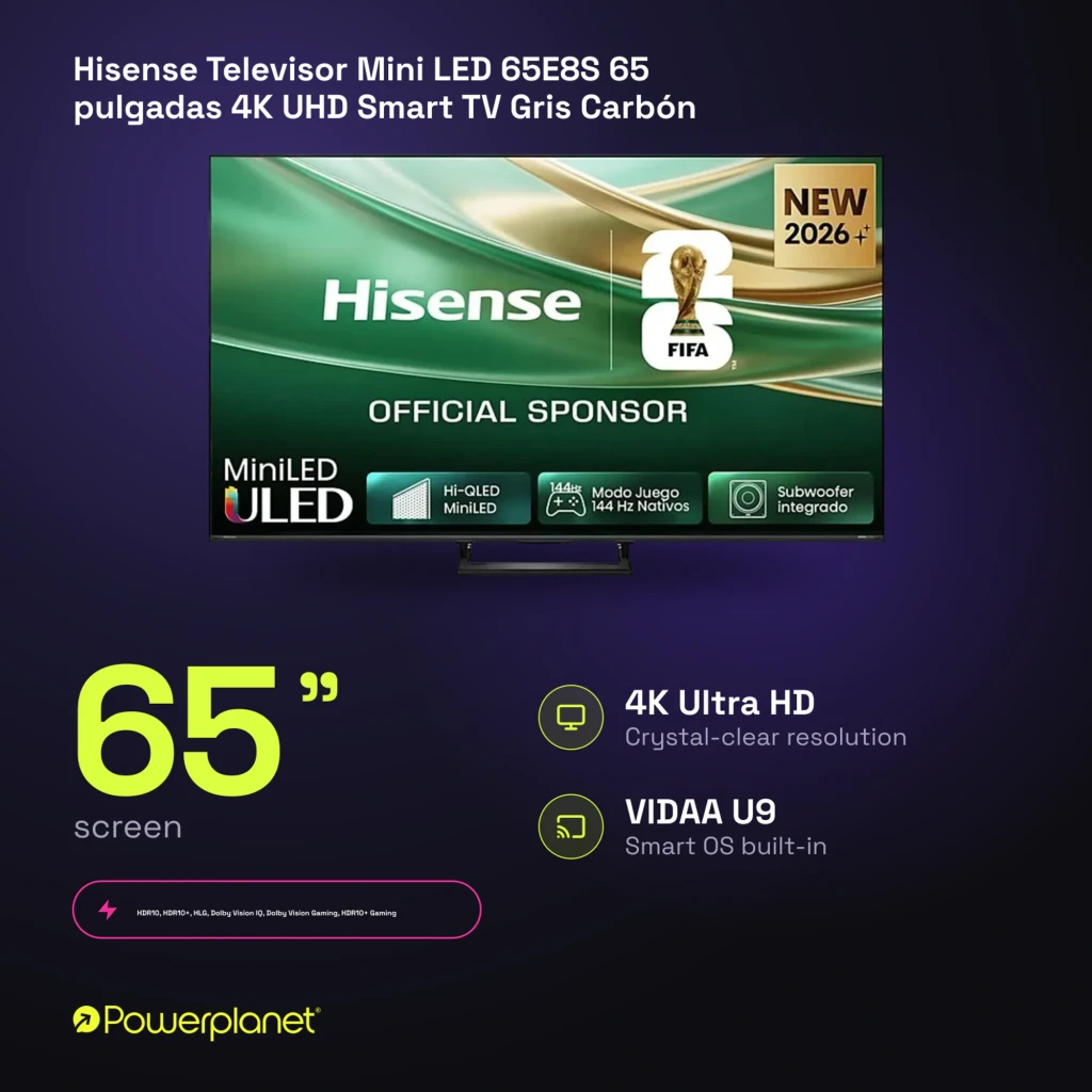 Televisor Hisense 65E8S 65 pulgadas con panel Mini LED 4K, tasa de 144 Hz, modo juego 144 Hz nativos, ULED, subwoofer integrado y diseño de biseles delgados - Ítem4