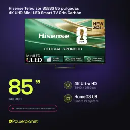 Téléviseur Hisense 85E8S 85 pouces, écran 4K Ultra HD Mini LED, 144 Hz, bords fins, couleurs vives, contraste élevé, Smart TV HomeOS U9