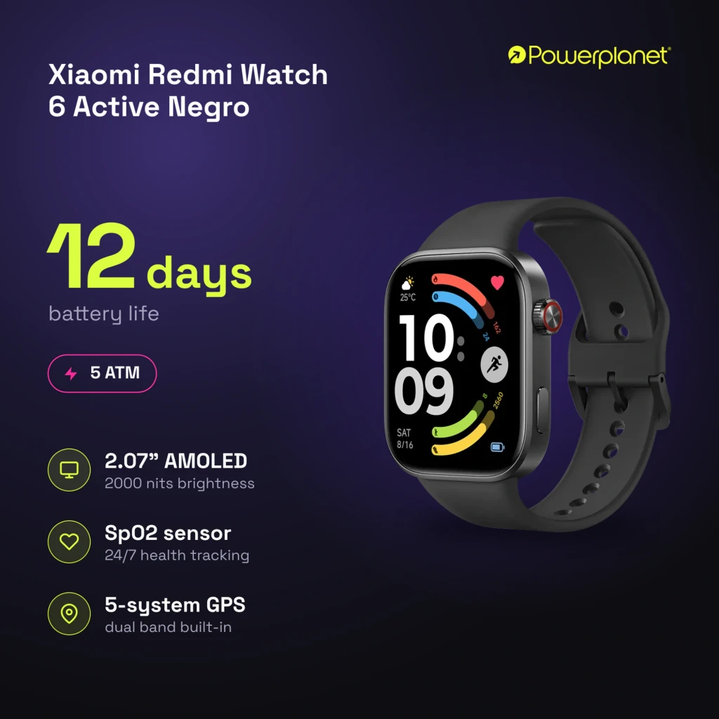 Xiaomi Redmi Watch 6 Active Negro con pantalla a color rectangular, correas de silicona, botón lateral rojo, esfera con métricas de actividad y clima visible - Ítem5