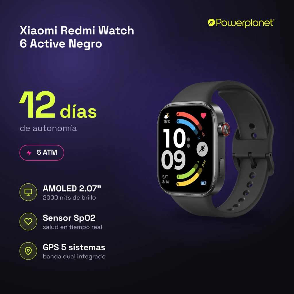 Xiaomi Redmi Watch 6 Active Negro con pantalla a color rectangular, correas de silicona, botón lateral rojo, esfera con métricas de actividad y clima visible - Ítem7