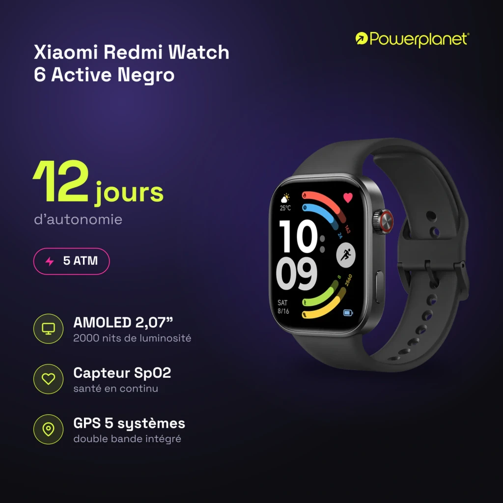 Xiaomi Redmi Watch 6 Active Negro con pantalla a color rectangular, correas de silicona, botón lateral rojo, esfera con métricas de actividad y clima visible - Ítem4