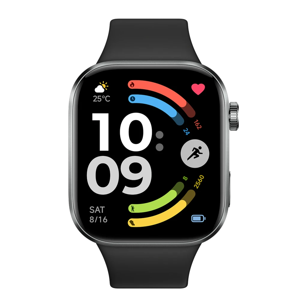 Xiaomi Redmi Watch 6 Active Negro con pantalla a color rectangular, correas de silicona, botón lateral rojo, esfera con métricas de actividad y clima visible - Ítem1