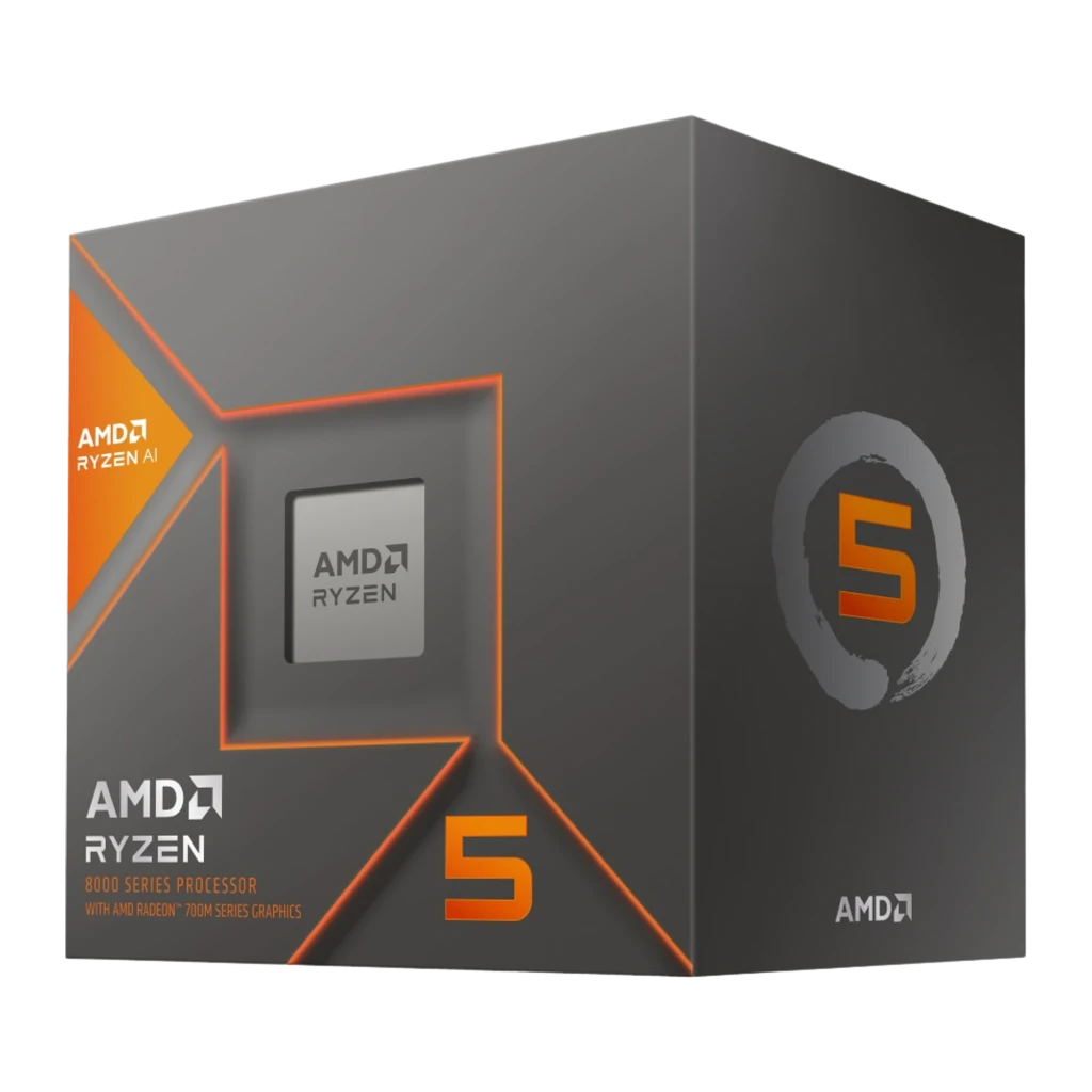AMD Ryzen 5 8600G, vista principal: caja gris con detalles naranja junto al procesador AM5 con IHS metálico visible - Ítem1