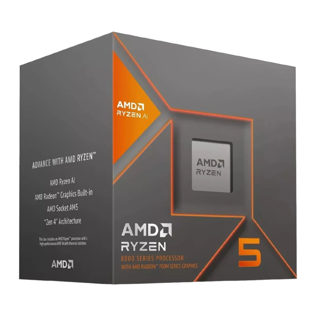 AMD Ryzen 5 8600G, vista principal: caja gris con detalles naranja junto al procesador AM5 con IHS metálico visible - Ítem2