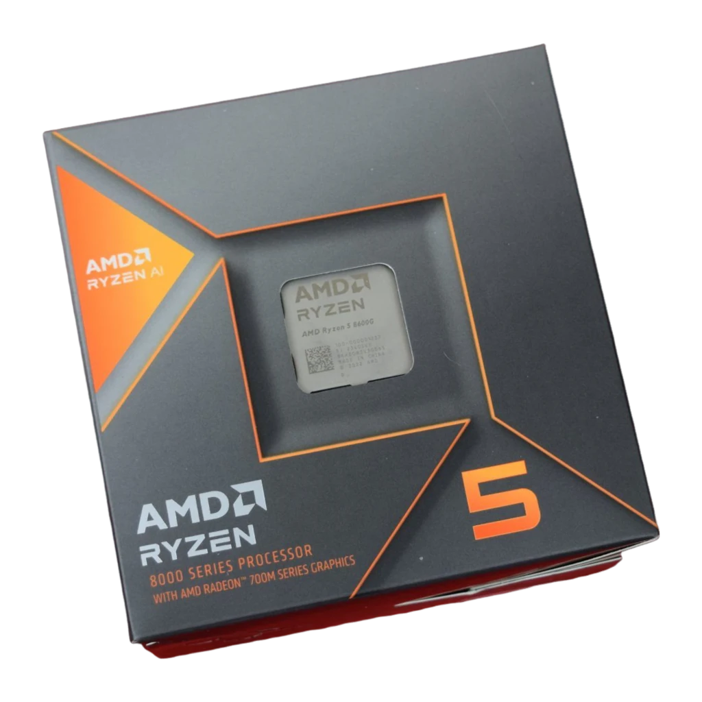AMD Ryzen 5 8600G, vista principal: caja gris con detalles naranja junto al procesador AM5 con IHS metálico visible - Ítem3
