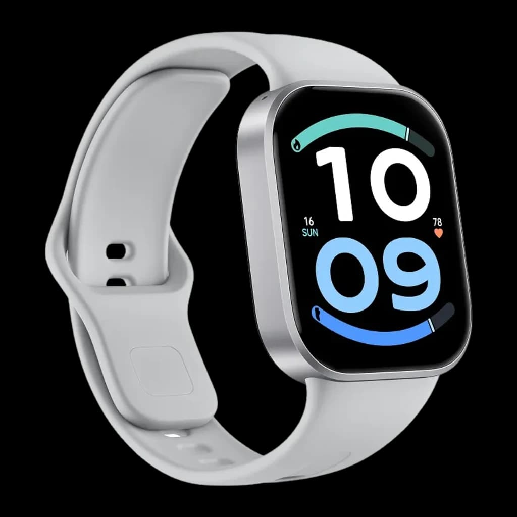 Xiaomi Redmi Watch 6 Active Argent avec boîtier aluminium argenté, écran rectangulaire bord fin, bracelet silicone gris, cadran coloré lisible