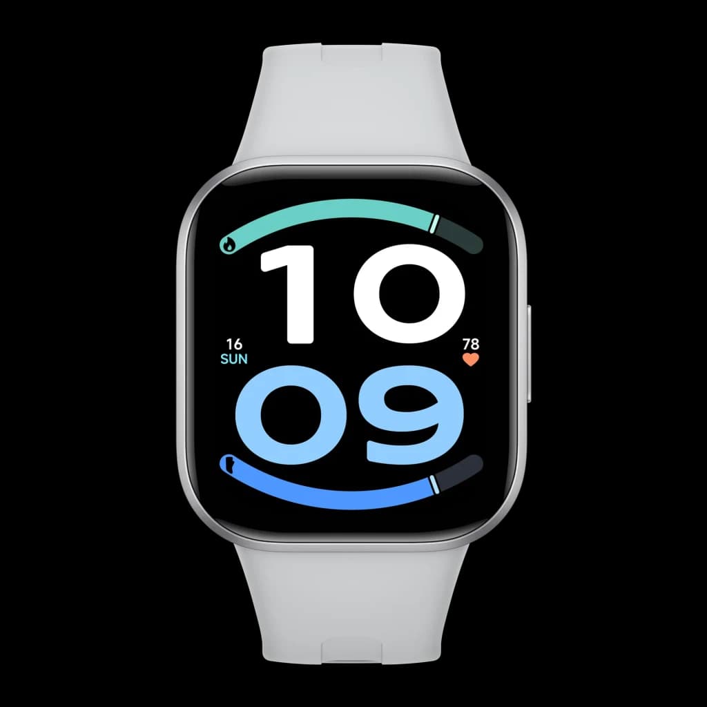 Xiaomi Redmi Watch 6 Active Argent, écran carré noir à bords fins, bracelet gris clair, affichage digital grand chiffres, capteur cardio, design épuré