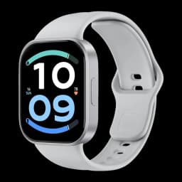 Xiaomi Redmi Watch 6 Active Argent avec boîtier alu argenté, grand écran rectangulaire couleur, bracelet silicone gris, bouton latéral, cadran sportif